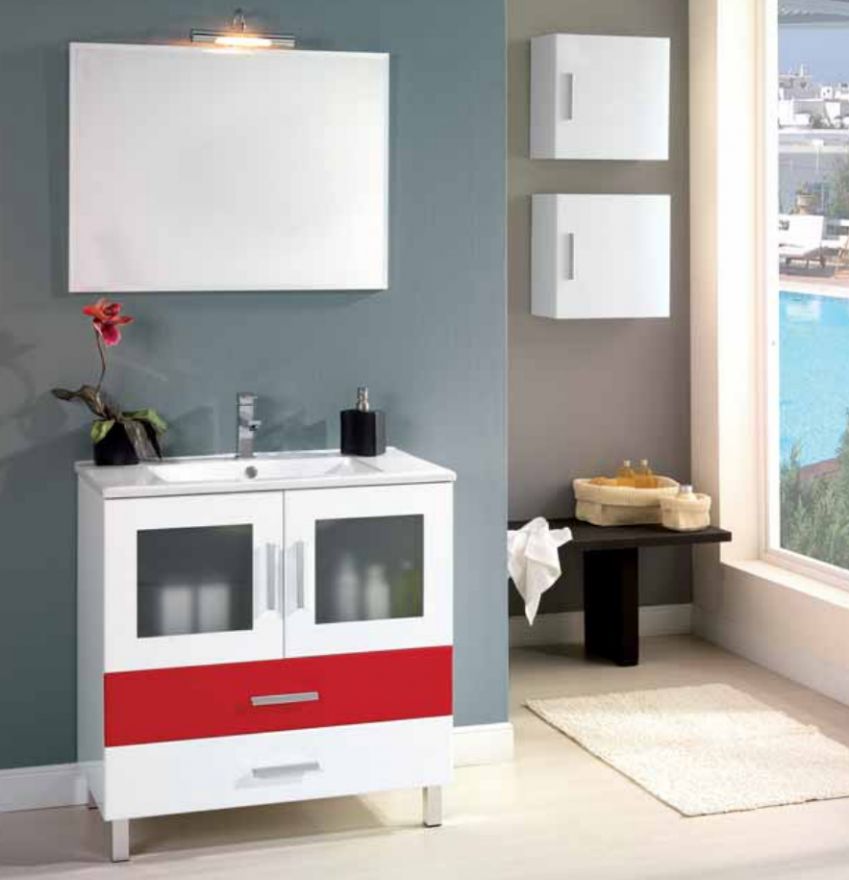 Mueble MENORCA 70 Blanco brillo / Cajón Rojo